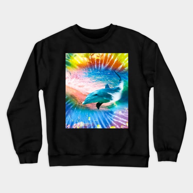 Dolphin Swimming Riding Surfing Wave Tie Tye Dye Crewneck Sweatshirt by Random Galaxy